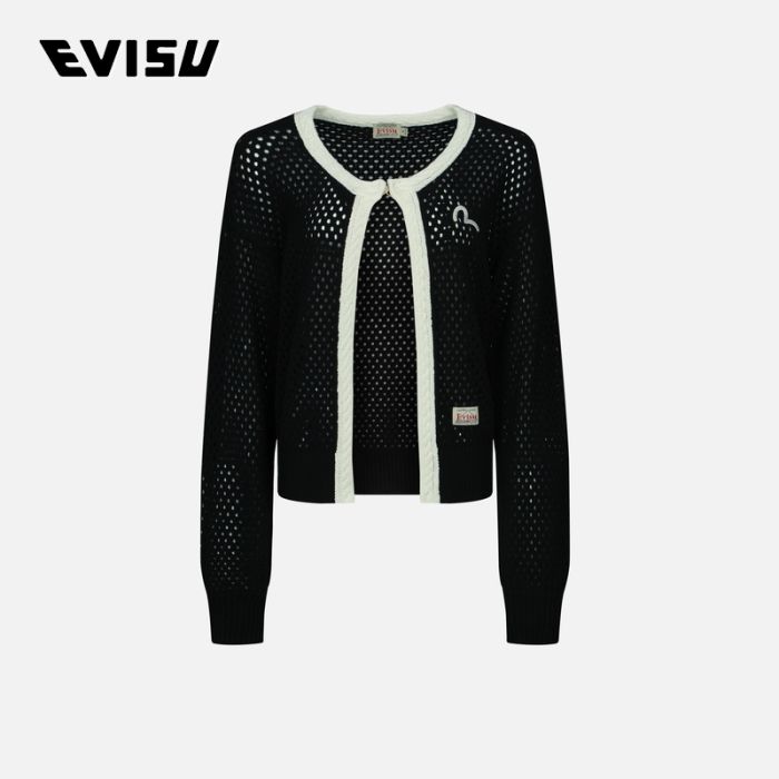 EVISU  23SS女士海鸥刺绣镂空针织开衫 2ESHTW3CN370FFCTBLKX