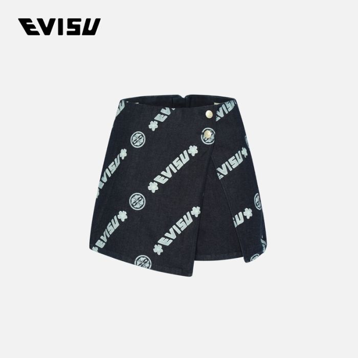 EVISU  23SS女士满地商标印花拼接牛仔裙裤 2ESHTW3SQ195FFDNINDW