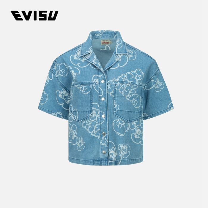 EVISU  23SS女士满地涂鸦达摩与商标拔染印花牛仔衬衫 2ESHTW3SS149BZDXAOPT