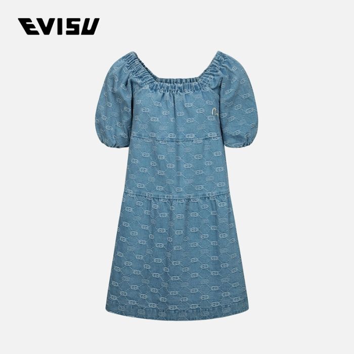 EVISU  24SS女士满地商标提花时尚版型牛仔连衣裙 2ESHTW4DR4070FFDPINDA