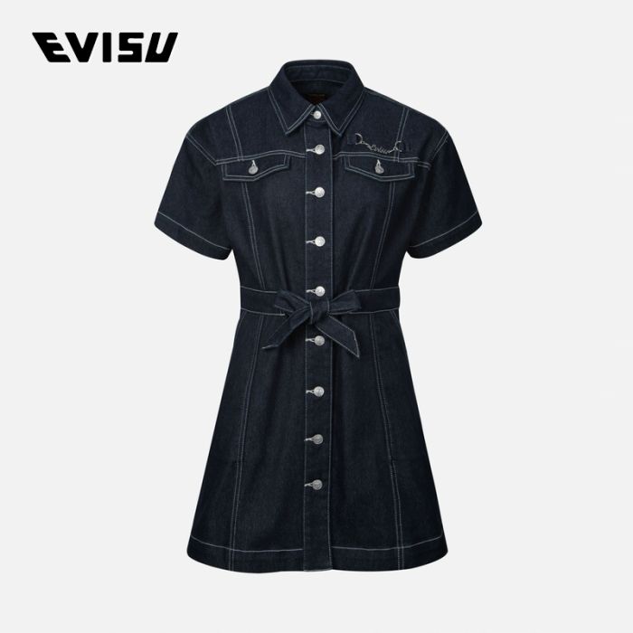 EVISU  24SS女士小海鸥刺绣宽版牛仔衬衫连衣裙 2ESHTW4DR4102LFDPINDM