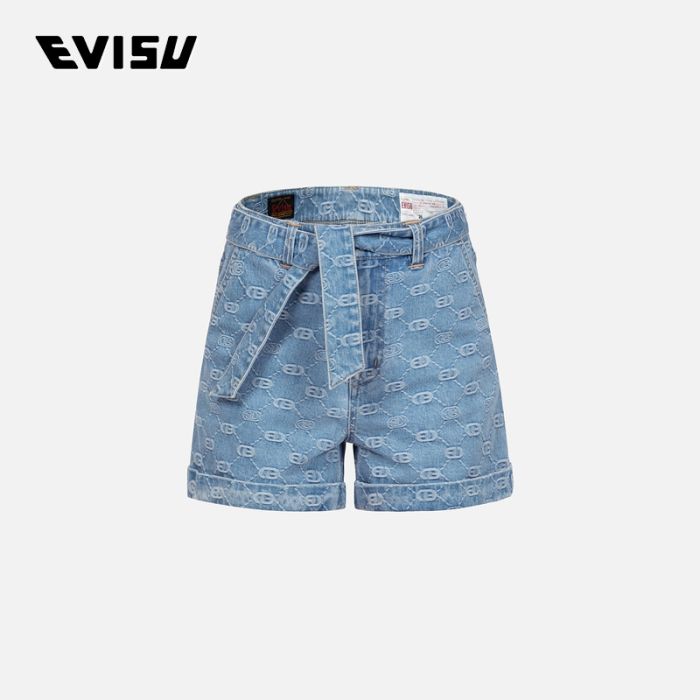 EVISU  24SS女士满地商标和粉色烫钻海鸥宽版牛仔短裤 2ESHTW4DS4068LFDPINDA