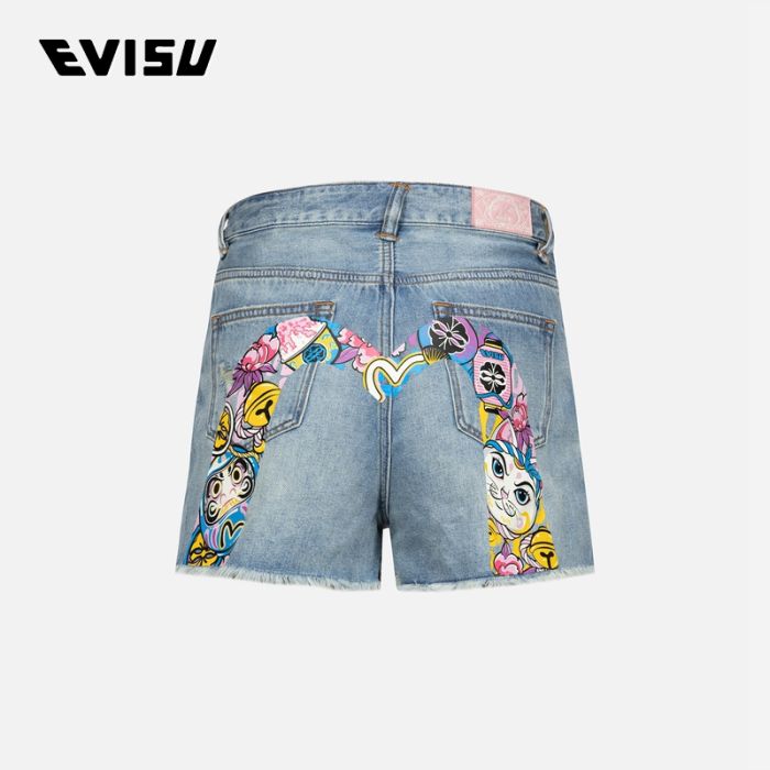 EVISU  24SS女士达摩和招财猫印花大M磨损牛仔短裤 2ESHTW4DS4110FFDNINDM