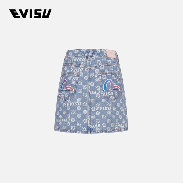 EVISU  SS24女士满地商标和家花休闲宽版牛仔裙 2ESHTW4SK4013XXDNINDA