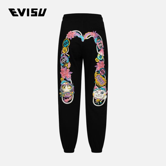 EVISU  24SS女士达摩和招财猫大M印花宽版卫裤 2ESHTW4SP4032LFCTBLKX