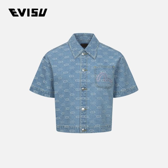 EVISU  24SS女士满地商标提花和烫石小海鸥时尚版型牛仔衬衫 2ESHTW4SS4072FFDPINDA