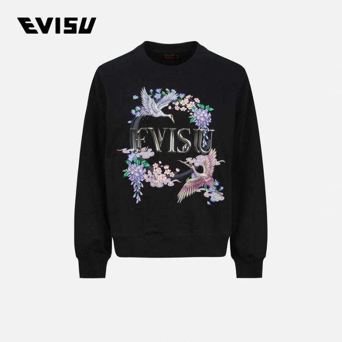 EVISU  24SS女士仙鹤花卉刺绣和商标印花超宽版卫衣 2ESHTW4SW4073OSCTBLKX