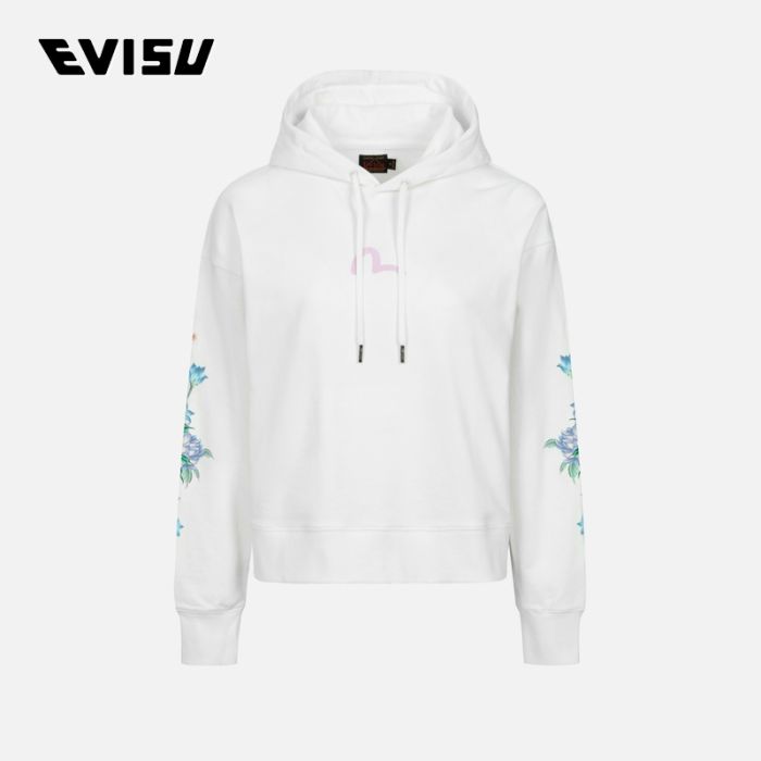 EVISU  24SS女士立体海鸥胶印花和花卉刺绣短款连帽卫衣 2ESHTW4SW4075CPCTWHTO