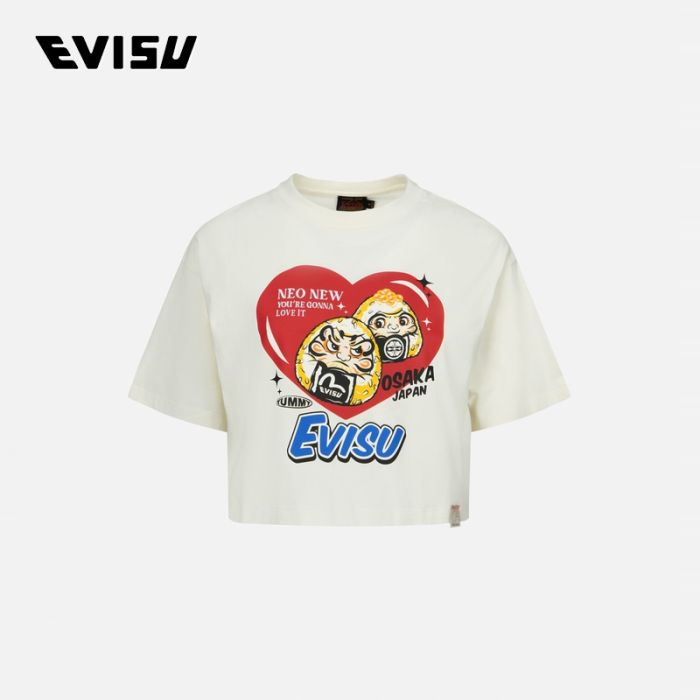 EVISU  24SS女士饭团达摩和心形印花短款T恤 2ESHTW4TS4043CPCTWHTO