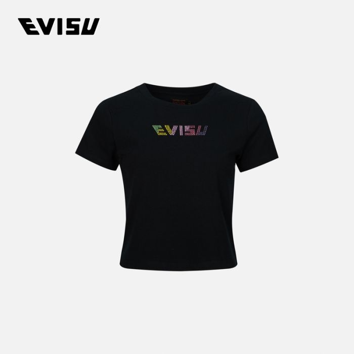 EVISU  24SS女士彩色闪石烫钻EVISU商标修身版T恤 2ESHTW4TS4086SLCTBLKX