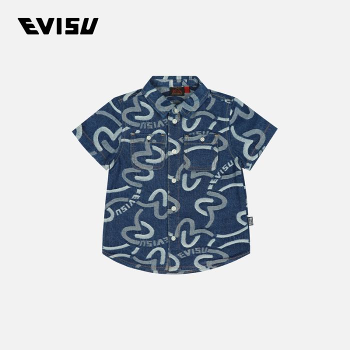 EVISU  24SS童装满地海鸥和商标印花常规版型短袖牛仔衬衫 2ESKZB4SS4598XXCTINDA