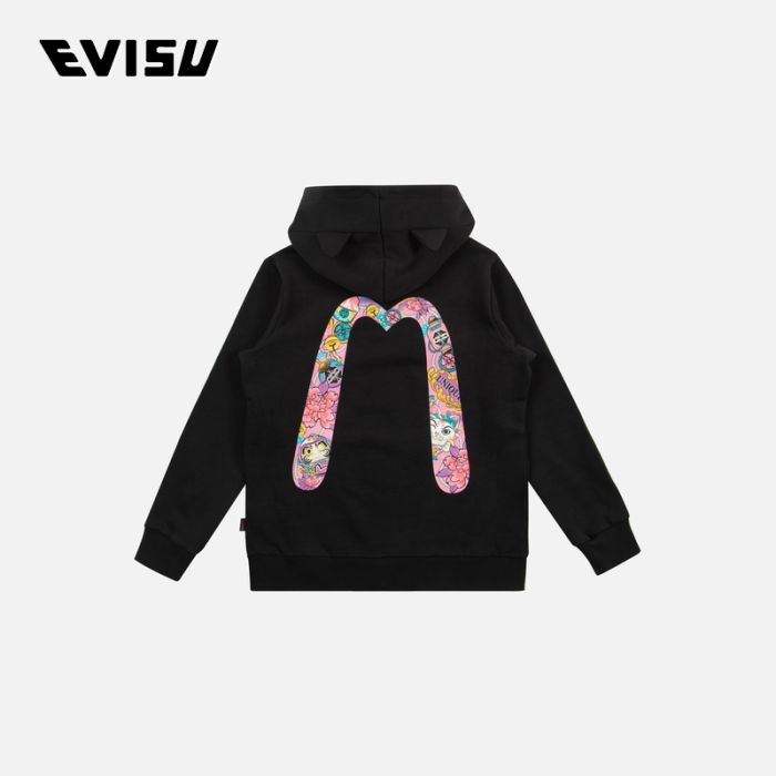 EVISU  24SS童装招财猫和达摩大M印花常规版型拉链连帽卫衣 2ESKZG4SW4563XXCTBLKX