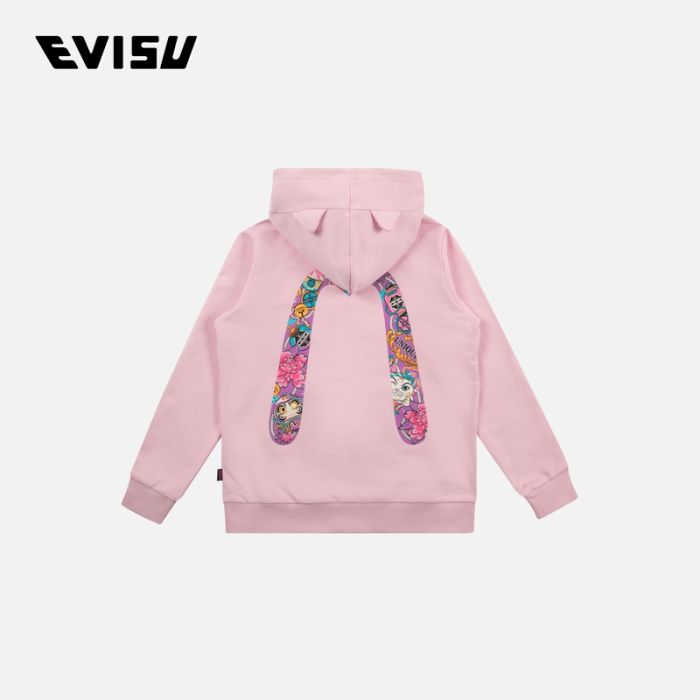 EVISU  24SS童装招财猫和达摩大M印花常规版型拉链连帽卫衣 2ESKZG4SW4563XXCTPNKX