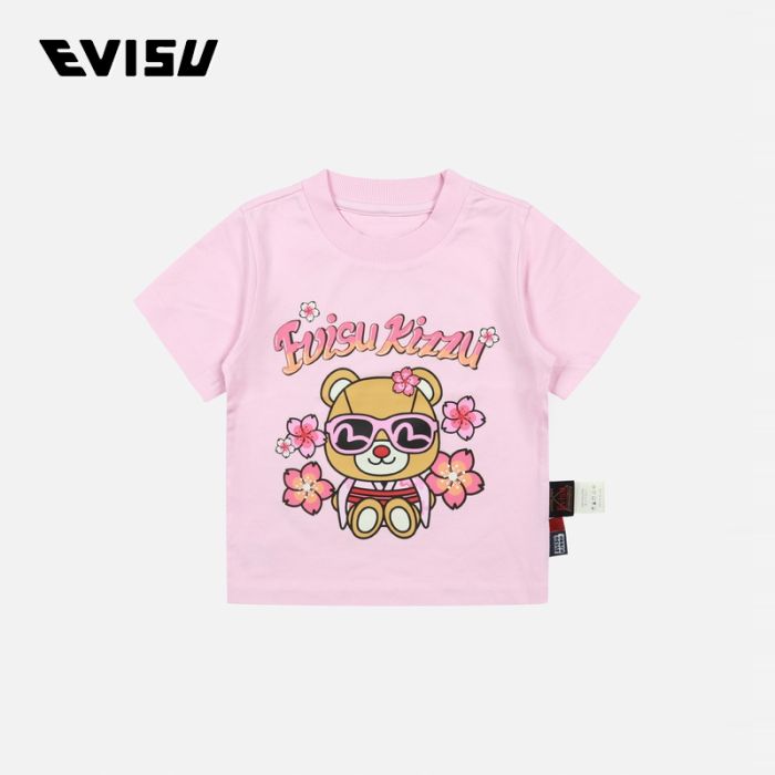 EVISU  24SS童装和服小熊和樱花印花常规版型T恤 2ESKZG4TS4575XXCTPNKX